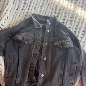 Black Distressed Fringed Rhinestone Denim Jacket